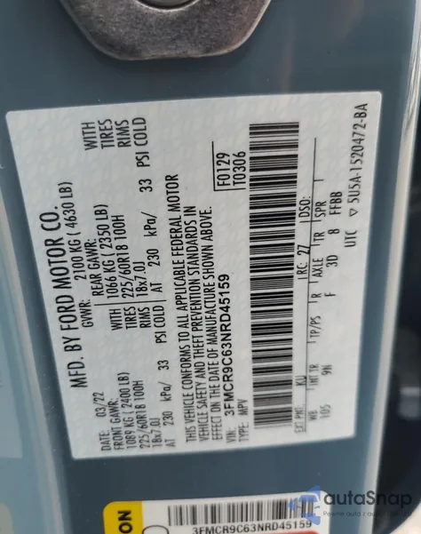 2022 Ford Bronco Sport Outer Banks from USA, damaged, VIN 3FMCR9C63NRD45159